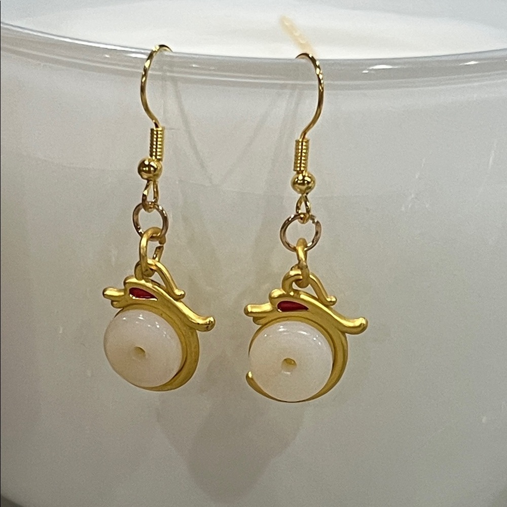 Jade Drop Earrings Gold Tone | Minimalist White Jadeite Dragon Ruyi Earrings